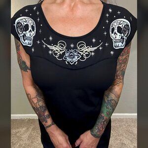 NWOT Banjo & Cake Black Tee Sugar Skulls Stars Punk Rockabilly Metal Goth XL